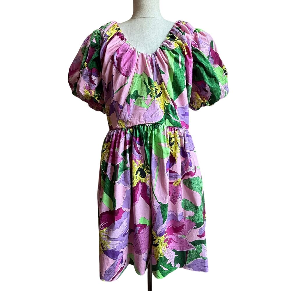 Express Floral Puff Sleeve Mini Dress w/ Pockets Bow Back Large
